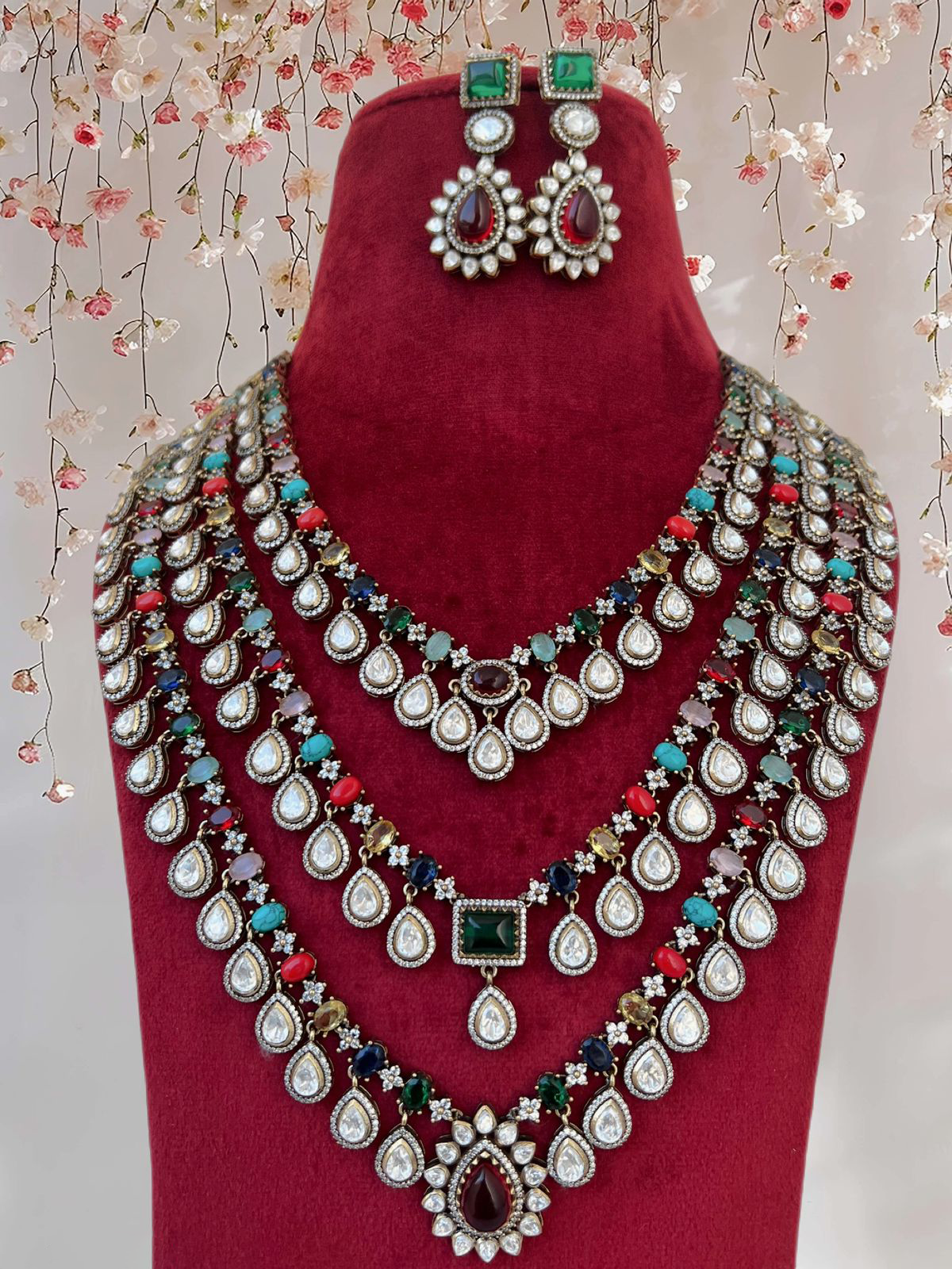Regal Layered Celebrity Polki Necklace Set, Indian Polki Jewelry Set, Wedding Necklace Set, Paskistani Polki Necklace Set - Libasaa.com