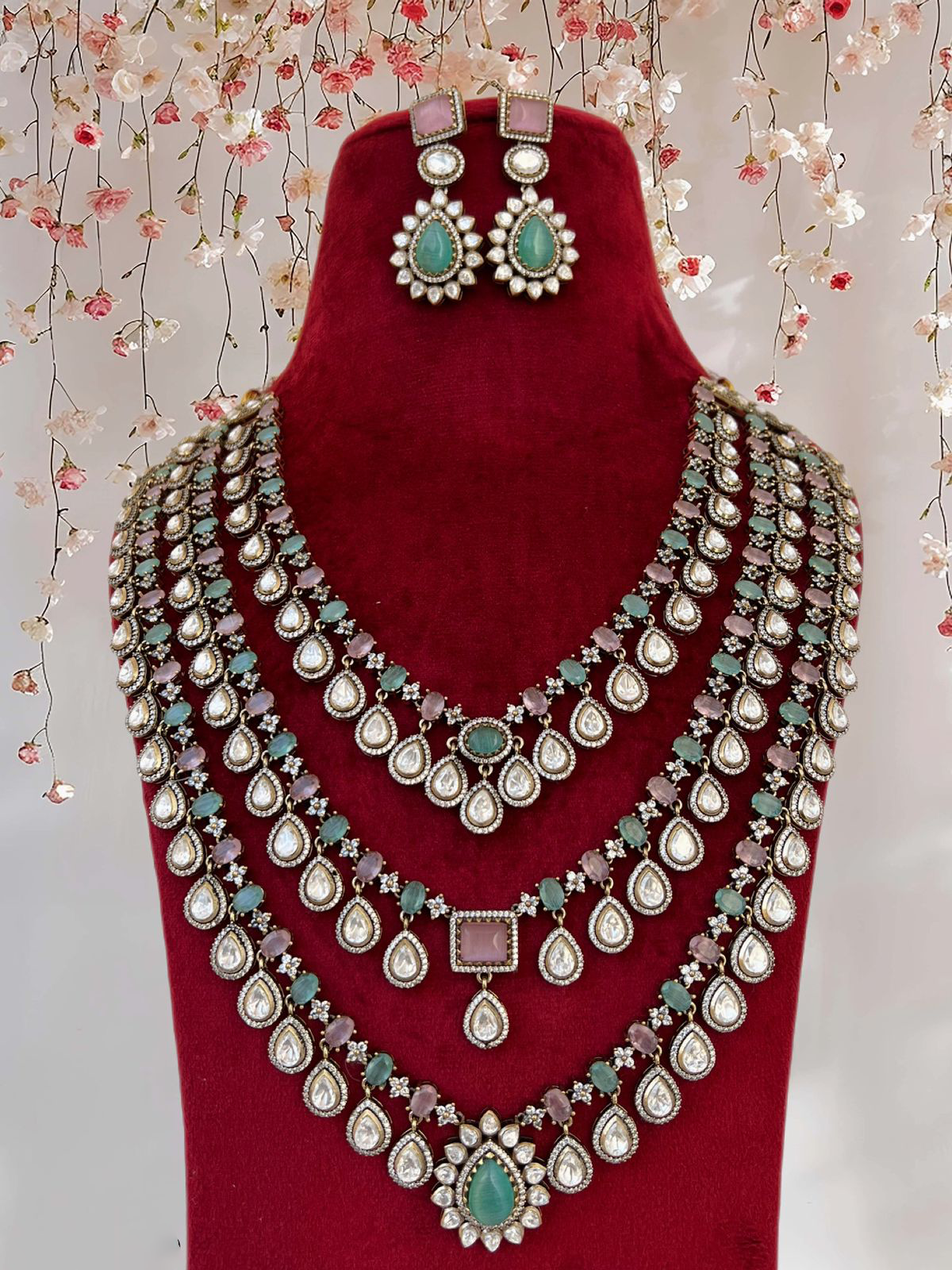 Regal Layered Celebrity Polki Necklace Set, Indian Polki Jewelry Set, Wedding Necklace Set, Paskistani Polki Necklace Set - Libasaa.com