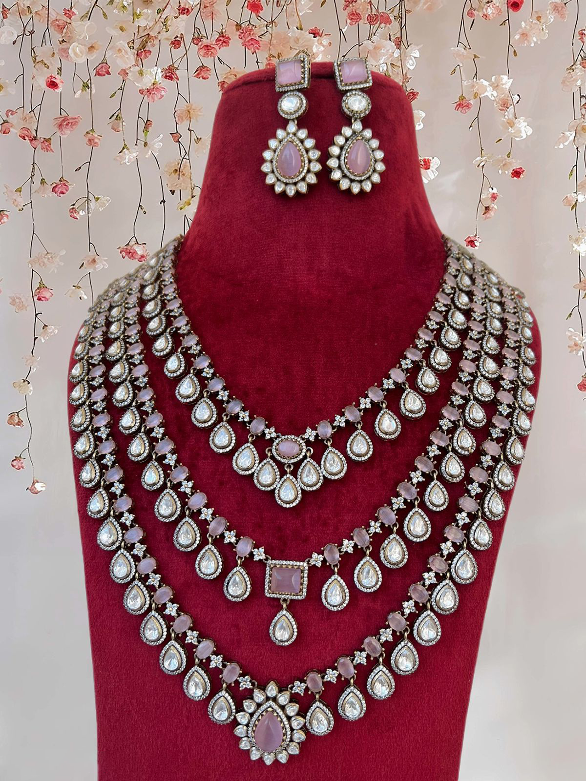 Regal Layered Celebrity Polki Necklace Set, Indian Polki Jewelry Set, Wedding Necklace Set, Paskistani Polki Necklace Set - Libasaa.com