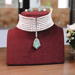 Shilpa Shetty Motif Beaded Polki Choker Set, Shilpa Shetty Inspired Choker Set, Shilpa Shetty Designed Jewelry Set, Celebrity Layered Jewelry, Pakistani Polki Choker Set - Libasaa.com