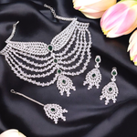 Indian Actress Inspired Layer Polki Necklace Earrings Maangtika Set, Celebrity Necklace Earrings Mangtika Set, Pakistani Polki Jewelry - Libasaa.com