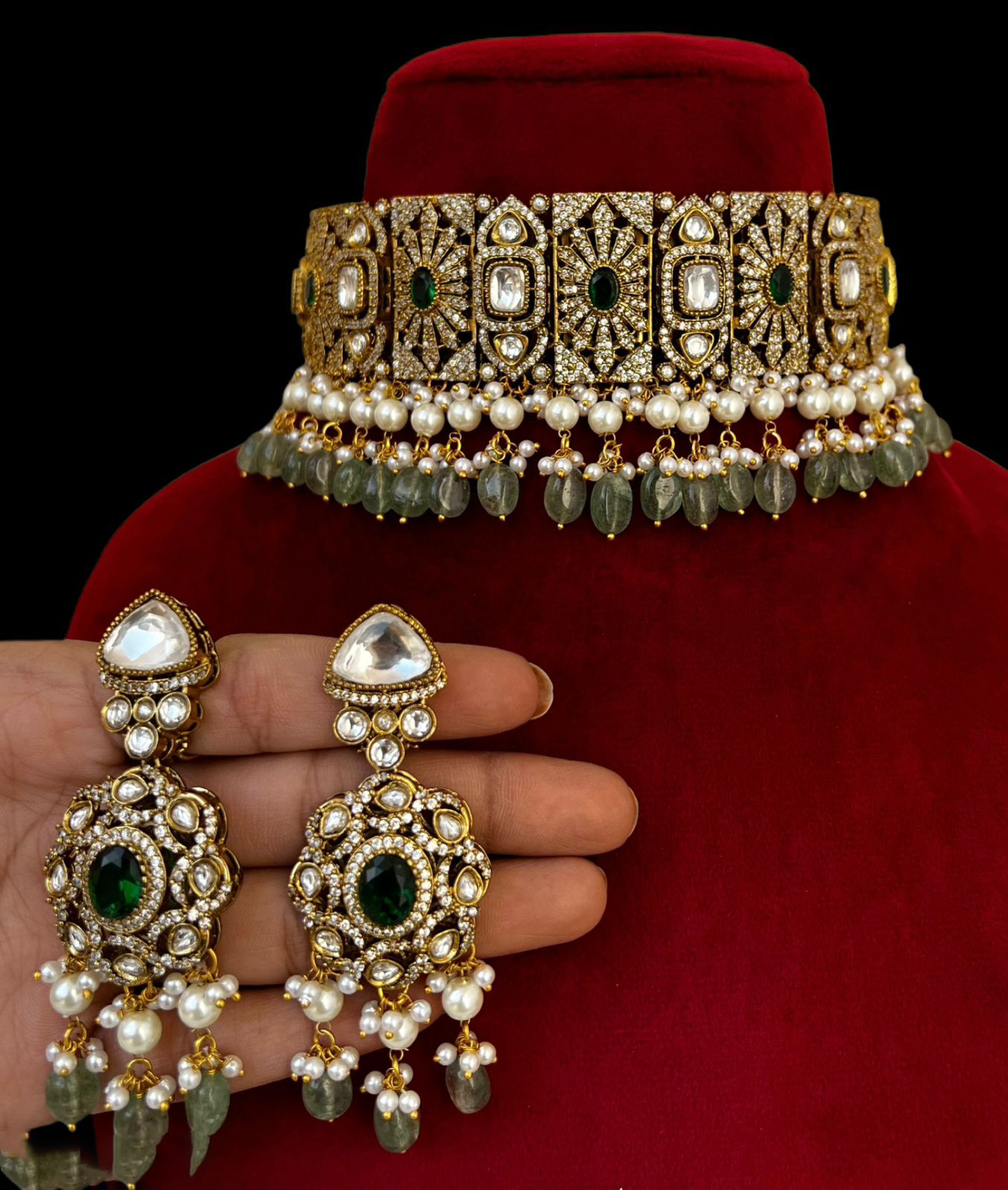 Antique Gold Plated Indian Polki Choker Earrings Set, Bollywood Designed Choker Set, Polki Jewery Set, Celebrity Inspired Polki Choker Set - Libasaa.com