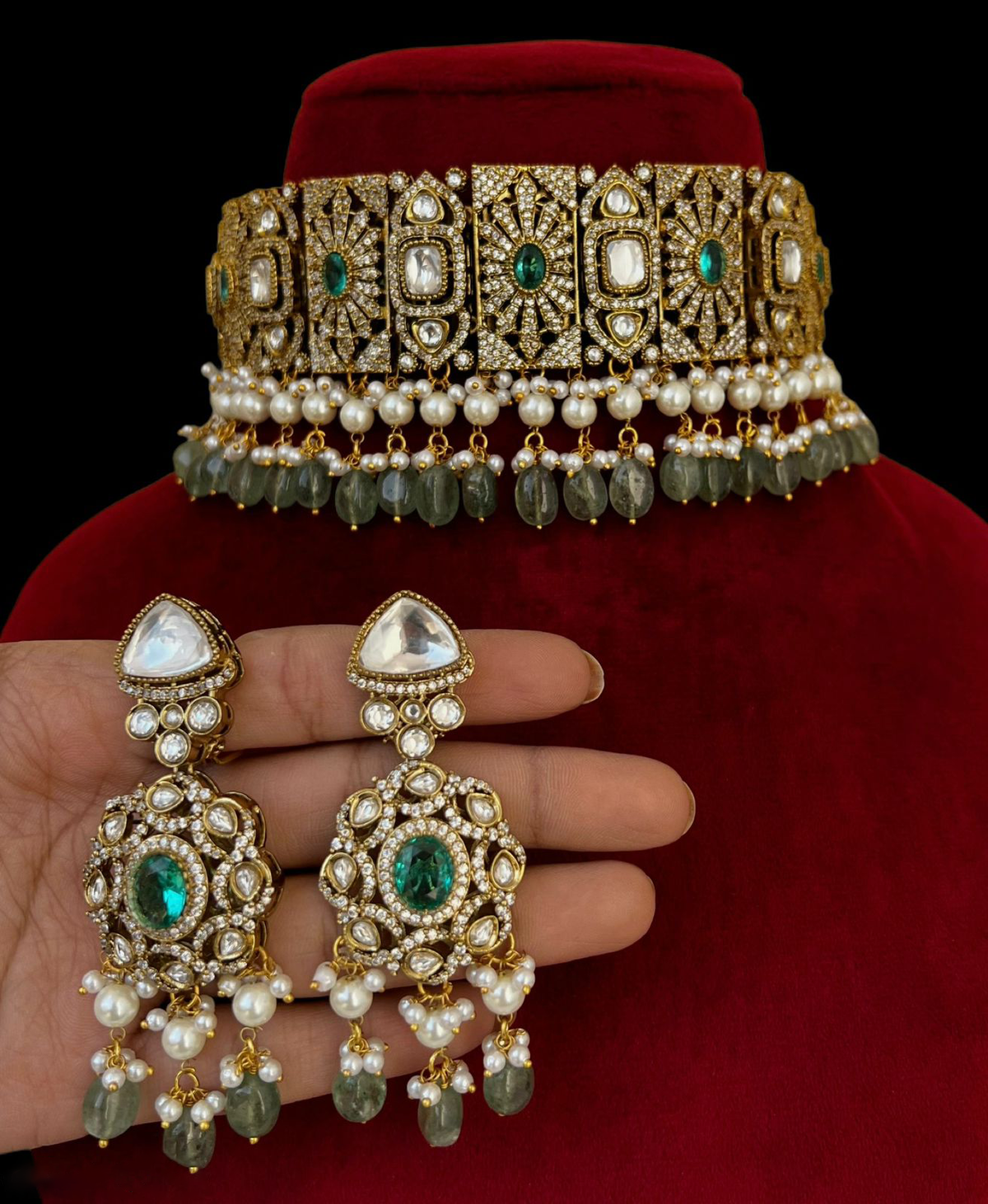 Antique Gold Plated Indian Polki Choker Earrings Set, Bollywood Designed Choker Set, Polki Jewery Set, Celebrity Inspired Polki Choker Set - Libasaa.com