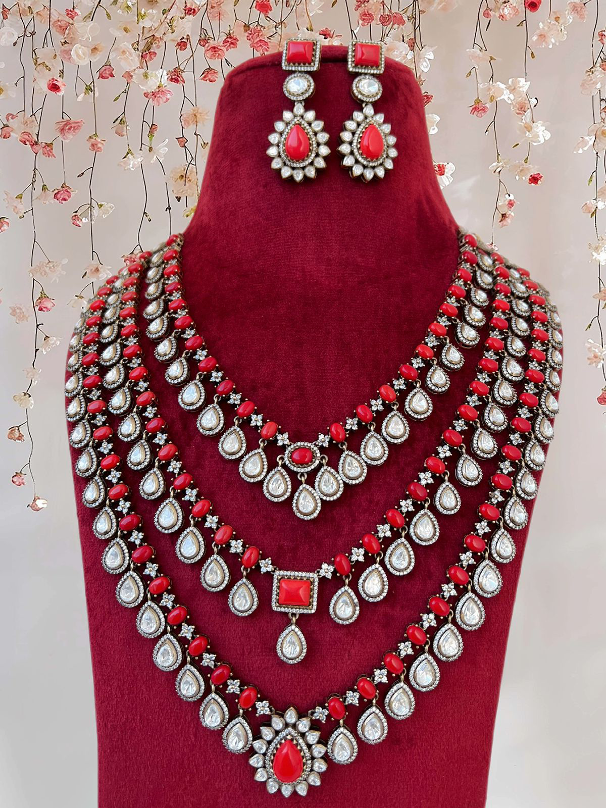 Perfect Three Layer Indian Polki Necklace Set, Pakistani Statement Polki Necklace Set, Polki Indian Jewelry, Celebrity Bridal Jewelry, Wedding Polki Necklace Set - Libasaa.com