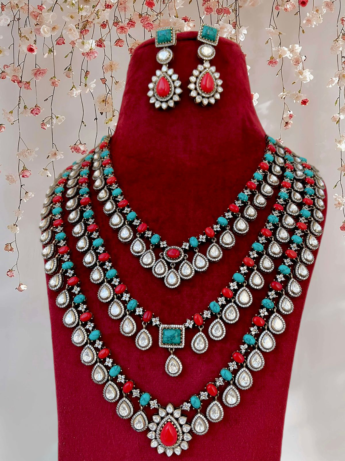 Perfect Three Layer Indian Polki Necklace Set, Pakistani Statement Polki Necklace Set, Polki Indian Jewelry, Celebrity Bridal Jewelry, Wedding Polki Necklace Set - Libasaa.com