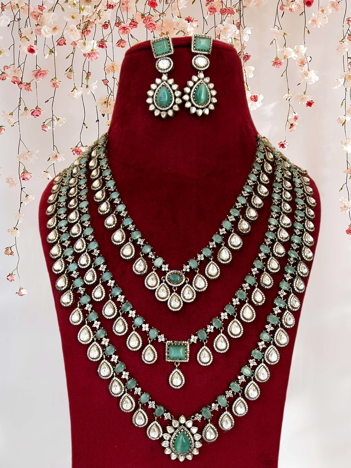 Perfect Three Layer Indian Polki Necklace Set, Pakistani Statement Polki Necklace Set, Polki Indian Jewelry, Celebrity Bridal Jewelry, Wedding Polki Necklace Set - Libasaa.com