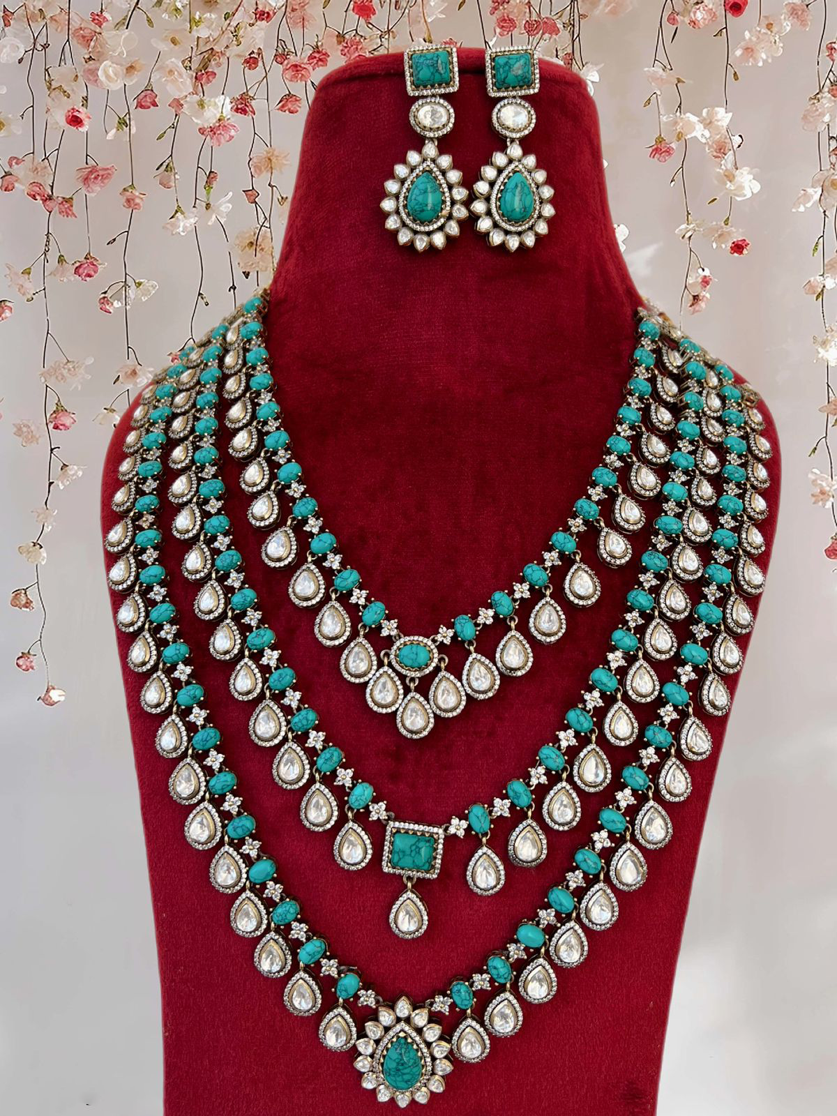 Perfect Three Layer Indian Polki Necklace Set, Pakistani Statement Polki Necklace Set, Polki Indian Jewelry, Celebrity Bridal Jewelry, Wedding Polki Necklace Set - Libasaa.com