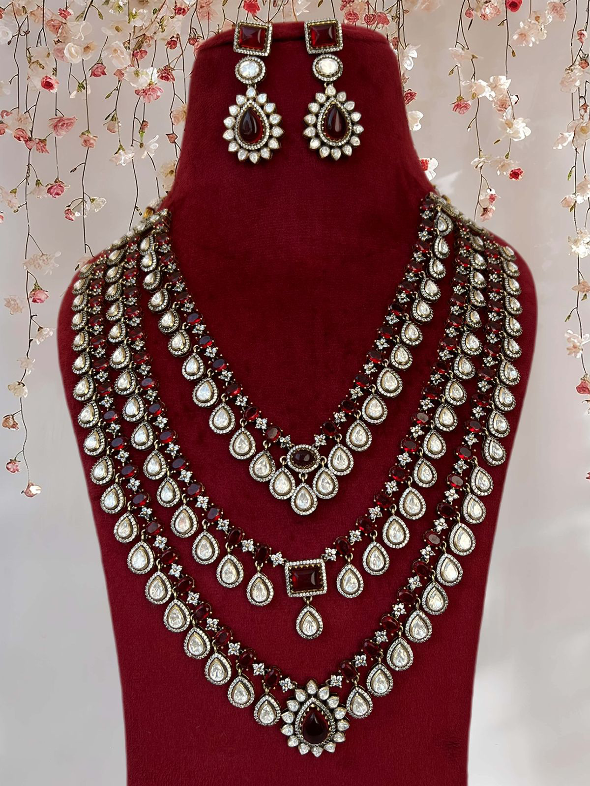 Perfect Three Layer Indian Polki Necklace Set, Pakistani Statement Polki Necklace Set, Polki Indian Jewelry, Celebrity Bridal Jewelry, Wedding Polki Necklace Set - Libasaa.com