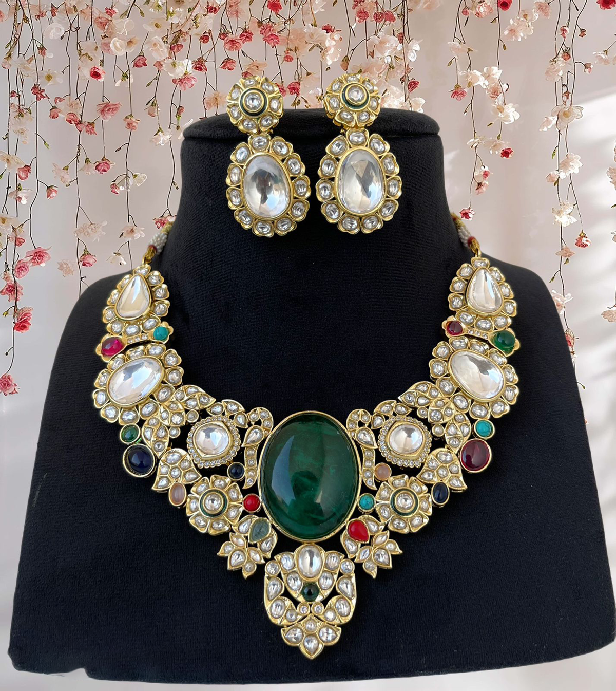 Emerald Multi Gemstone Indian Choker Set, Pakistani Polki Choker Earrings Set, Celebrity Polki Jewelry, Bollywood Polki Jewery Set, Choker Set - Libasaa.com