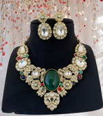 Emerald Multi Gemstone Indian Choker Set, Pakistani Polki Choker Earrings Set, Celebrity Polki Jewelry, Bollywood Polki Jewery Set, Choker Set - Libasaa.com
