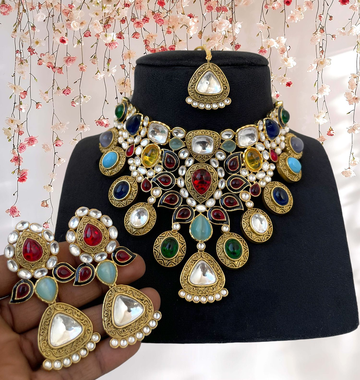 Lotus Designed Multicolored Polki Indian Choker Earrings Set, Floral Pakistani Polki Choker Set, Bohemian Chic Jewelry, Indian Floral Jewelry Set, Multicolor Bridal Choker Set, Bollywood Polki Choker Set - Libasaa.com