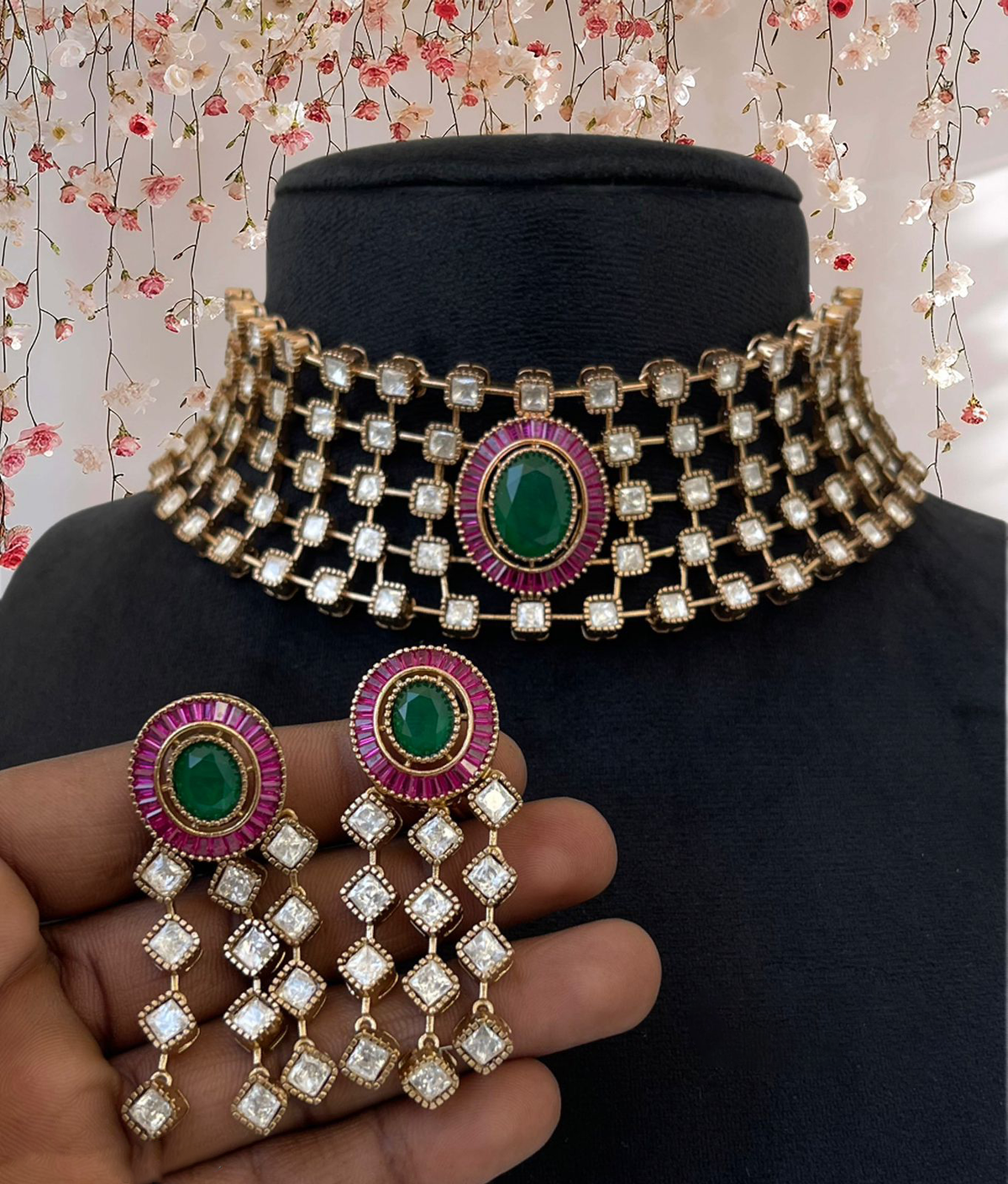 Royal Ruby Gold Tone Polki Choker Set, Royal Layer Indian Choker Set, Bollywood Inspired Polki Set, Wedding Polki Jewelry, Pakistani Polki Choker Set, Bridal Jewelry - Libasaa.com
