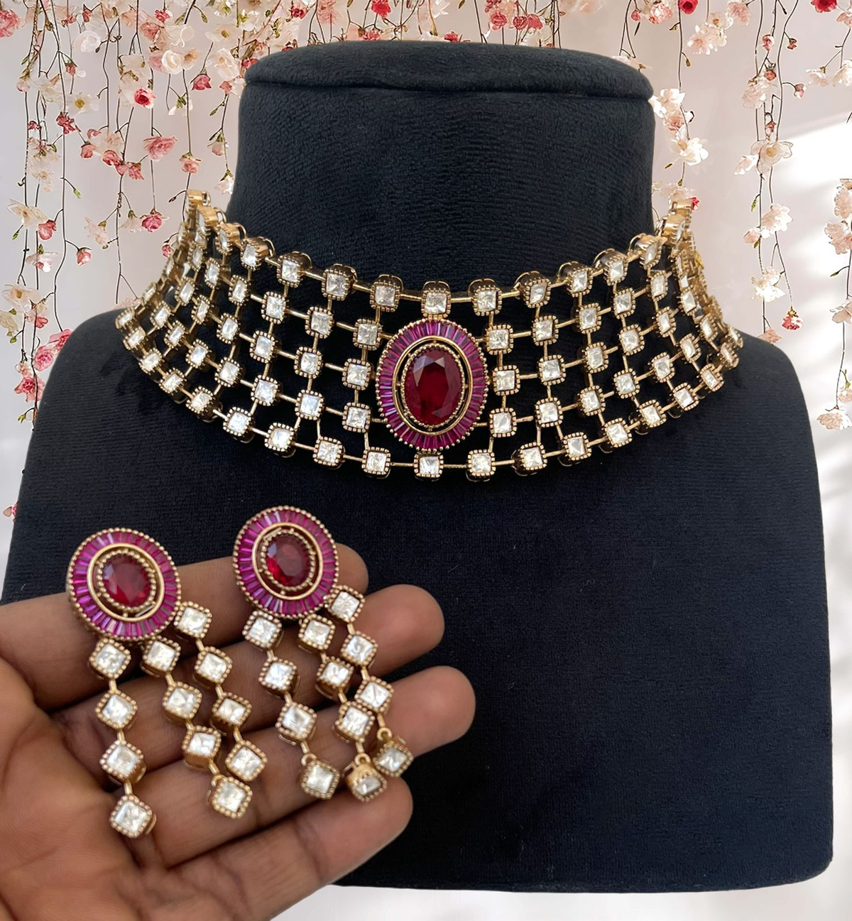 Royal Ruby Gold Tone Polki Choker Set, Royal Layer Indian Choker Set, Bollywood Inspired Polki Set, Wedding Polki Jewelry, Pakistani Polki Choker Set, Bridal Jewelry - Libasaa.com