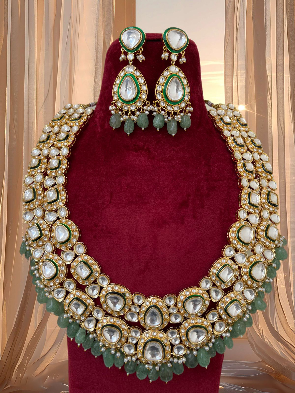 Pakistani Bridal Layered Polki Necklace Earrings Set, Wedding Polki Choker Set, Indian Polki Jewelry Set, Blooywood Polki Necklace Set, Wedding Indian Jewelry - Libasaa.com