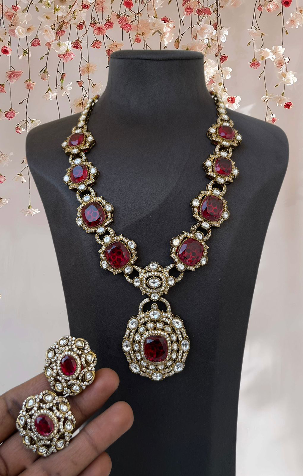 Royal Radiance Statement Polki Necklace Set, Indian Polki Jewelry, Red Pakistani Necklace Set, Celebrity Inspired Polki Jewerly, Bollywood Polki Bridal Necklace Set, Wedding Jewelry Set - Libasaa.com