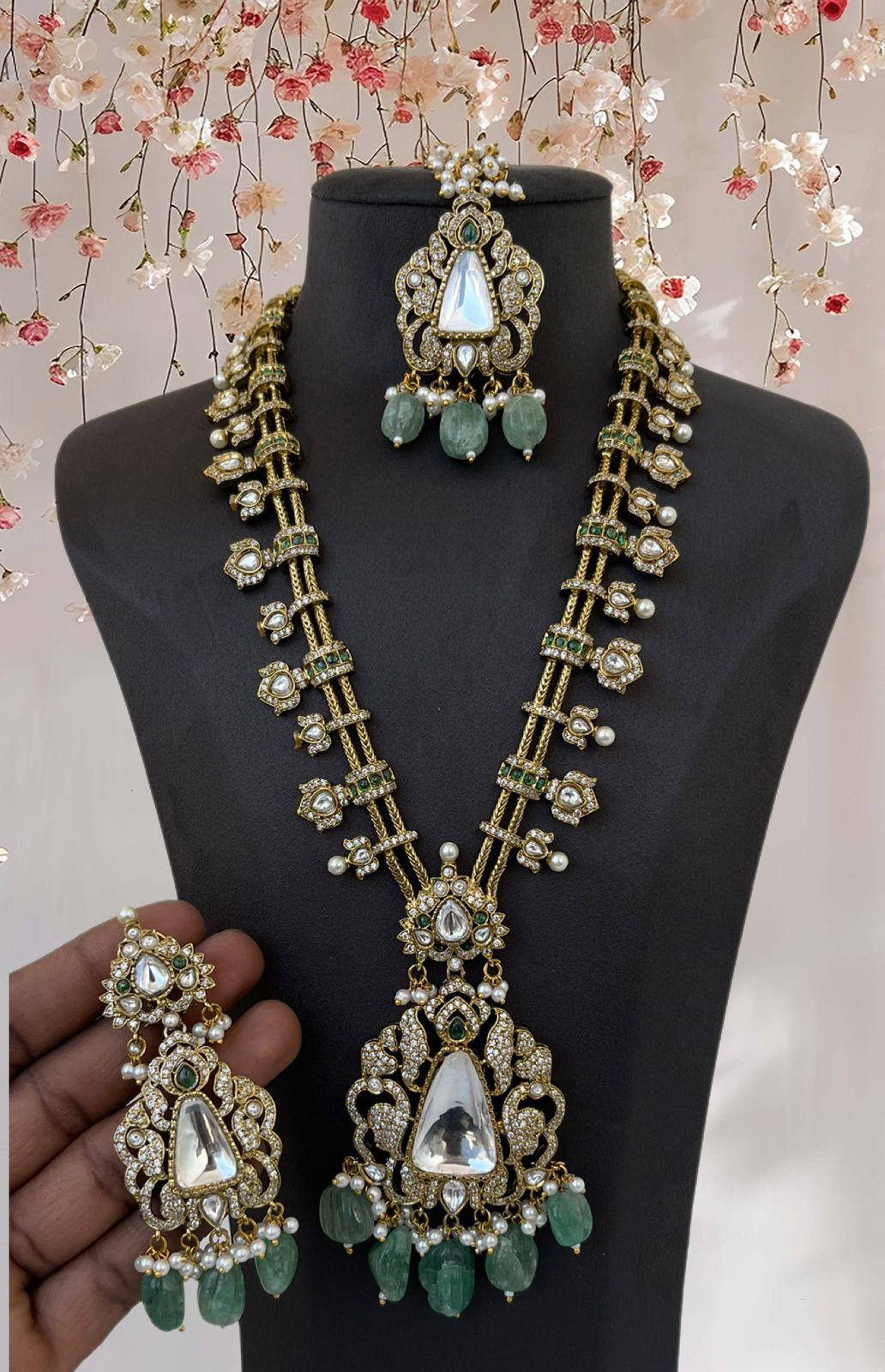 Green Wedding Polki Bridal Necklace Jewelry Set, Rajsthani Polki Jewelry, Indian Bridal Polki Necklacce Earrings Set - Libasaa.com