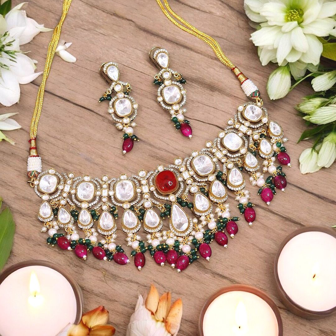 Pakistani Polki Beaded Choker Set, Indian Polki Set, Bollywood Design Polki Jewelry Set, Celebrity Polki Jewelry Set - Libasaa.com