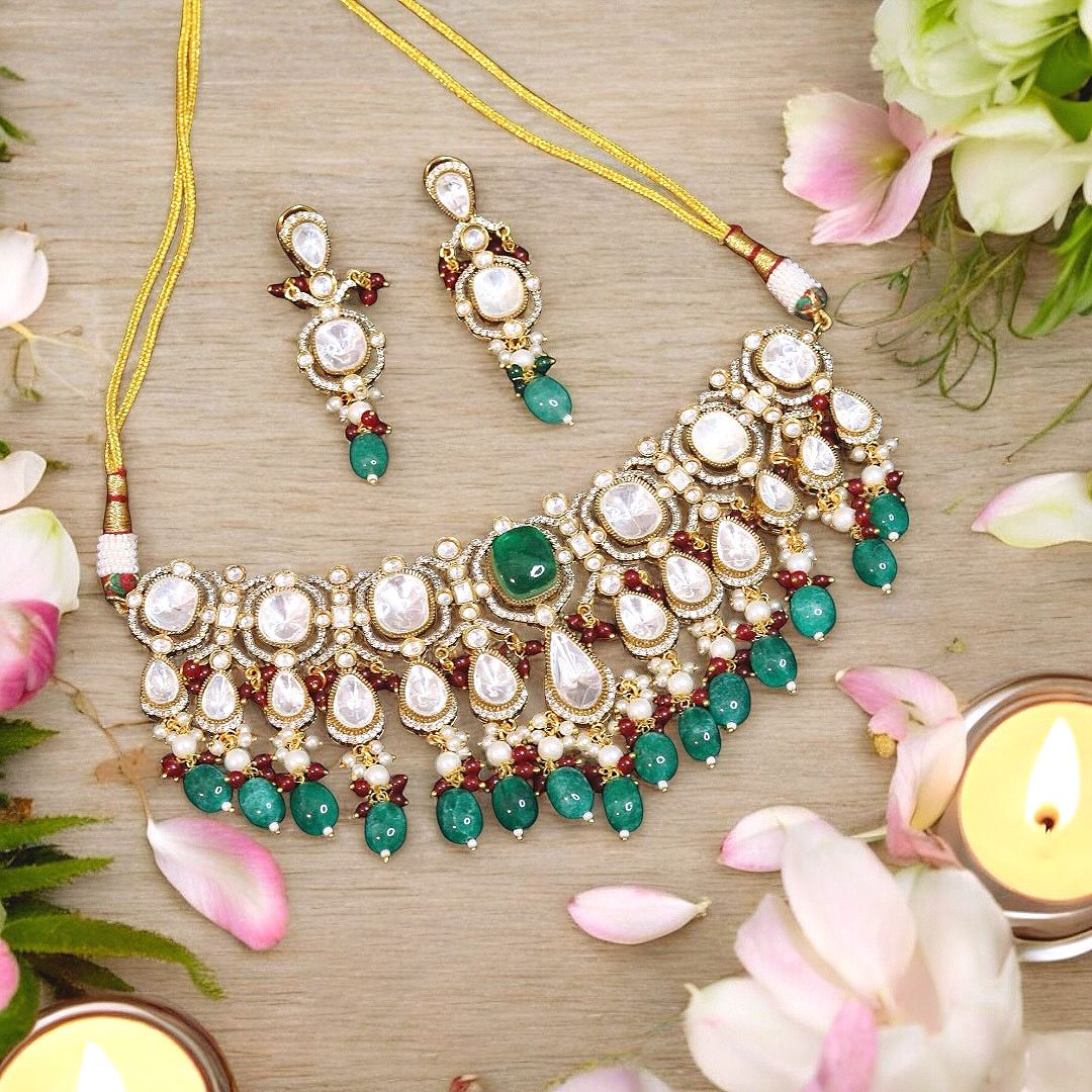 Pakistani Polki Beaded Choker Set, Indian Polki Set, Bollywood Design Polki Jewelry Set, Celebrity Polki Jewelry Set - Libasaa.com