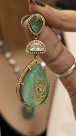 Glamorous Celebrity Statement Polki Necklace Matching Earrings, Celebrities Inspired Polki Necklace Set, Bollywood Designed Polki Jewelry Set - Libasaa.com