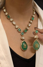 Glamorous Celebrity Statement Polki Necklace Matching Earrings, Celebrities Inspired Polki Necklace Set, Bollywood Designed Polki Jewelry Set - Libasaa.com