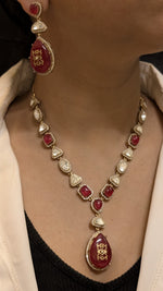 Glamorous Celebrity Statement Polki Necklace Matching Earrings, Celebrities Inspired Polki Necklace Set, Bollywood Designed Polki Jewelry Set - Libasaa.com