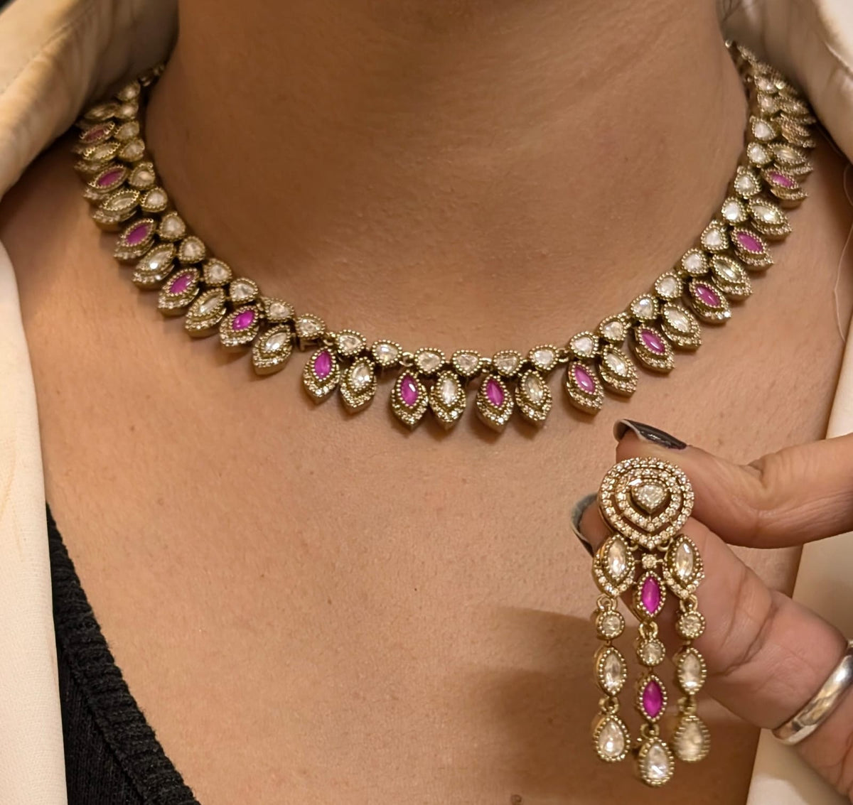 Luxurious Bollywood Designed Choker Matching Earrings, Indian Bridal Statement Earrings Set, Celebrity Inspired Jewelry Set, Pakistani Wedding Choker Set, Pakistani Bridal Jewelry Set, Wedding Choker Jewelry - Libasaa.com