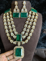 Multi Layer Emerald Green Polki Indian Necklace Set, Emerald Green Polki Jewelry Set, Emerald Polki Necklace Set, Bollywood Polki Necklace Set, Celebrity Polki Jewelry Set - Libasaa.com
