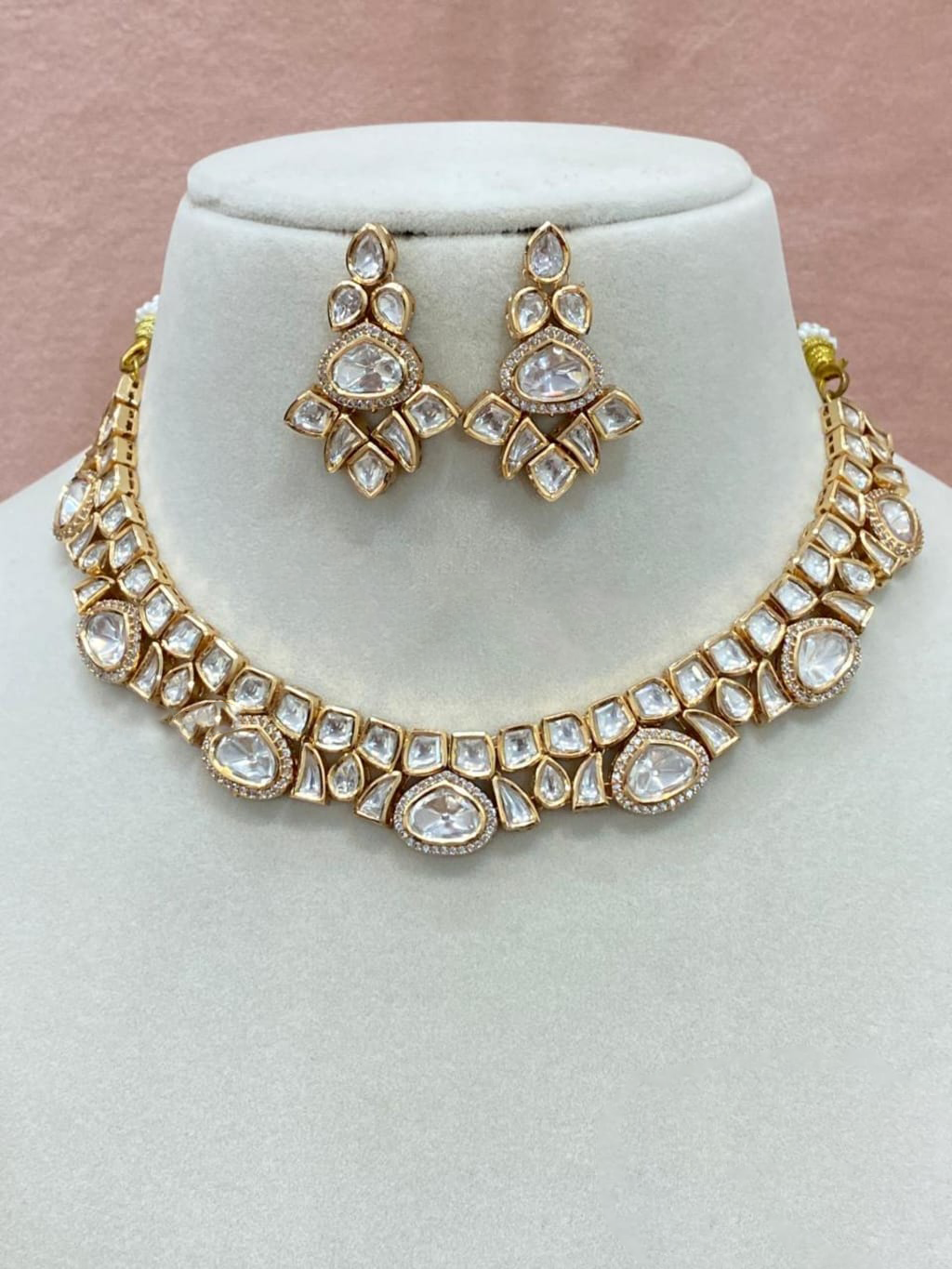 Traditional CZ Indian Choker Earrings Set, Pakistani AD Choker, CZ Earrings Set, Indian AD Jewelry, Pakistani AD Necklace Set, Wedding AD Jewelry - Libasaa.com