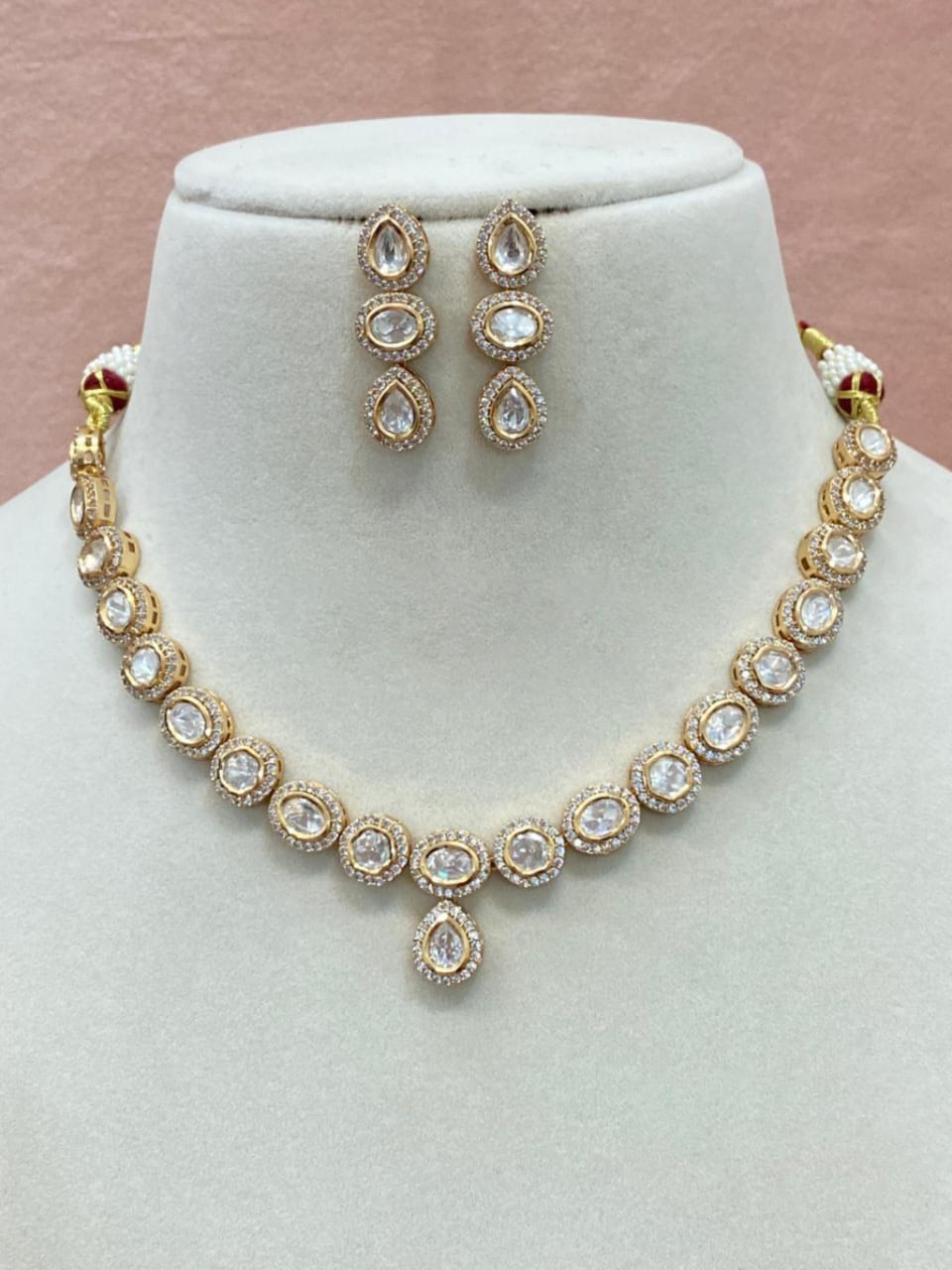 Pakistani Wedding AD Choker Earrings Set, Bridal CZ Choker Set, Indian Choker Set, Jaipuri Choker Set - Libasaa.com
