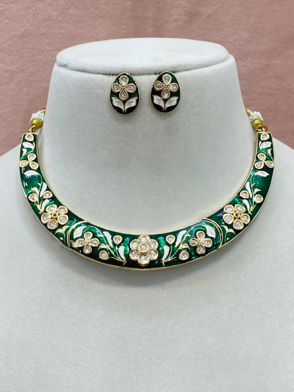 Jaipuri Traditional Bridal Choker Set, Jaipuri Green Jewelry Set, Indian Jewelry Set, Rajsthani Ethnic Choker Set, Jaipuri Floral Jewelry Set - Libasaa.com