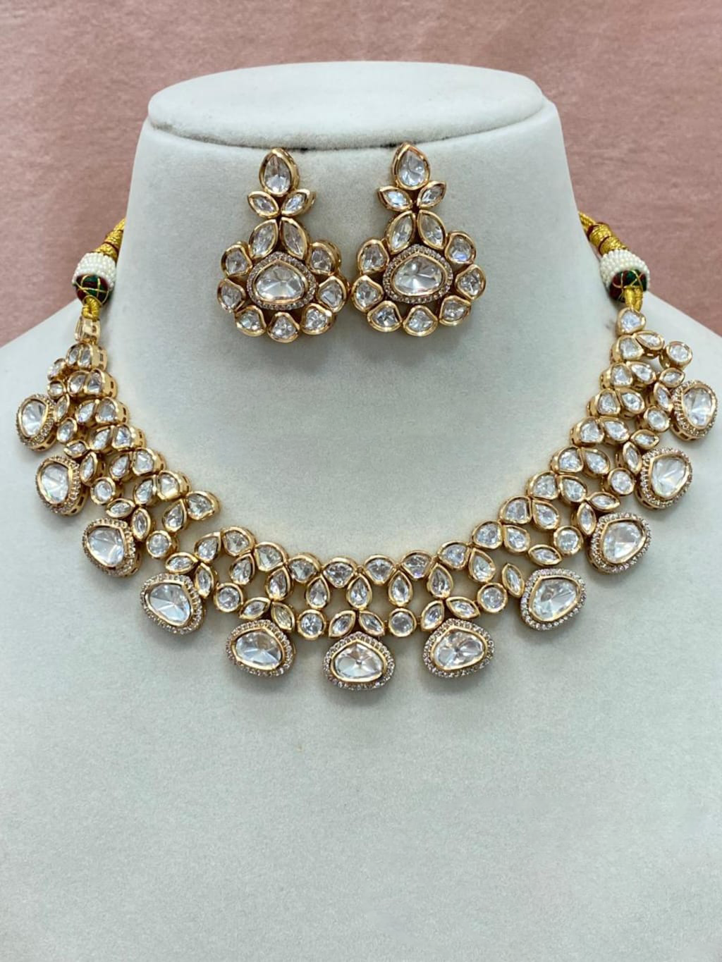 Bollywood Inspired Polki Stone Choker Jewelry Set, Celebrity Polki Choker Set, Indian Wedding Polki Jewelry Set, Polki Choker Set - Libasaa.com