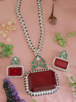 Rectangular Gemstones Indian Polki Necklace Set, Polki Statement Necklace Set, Indian Polki Jewelry Set, Pakistani Statement Polki Jewelry Set, Bollywood Polki Necklace Set, Celebrity Polki Jewelry - Libasaa.com