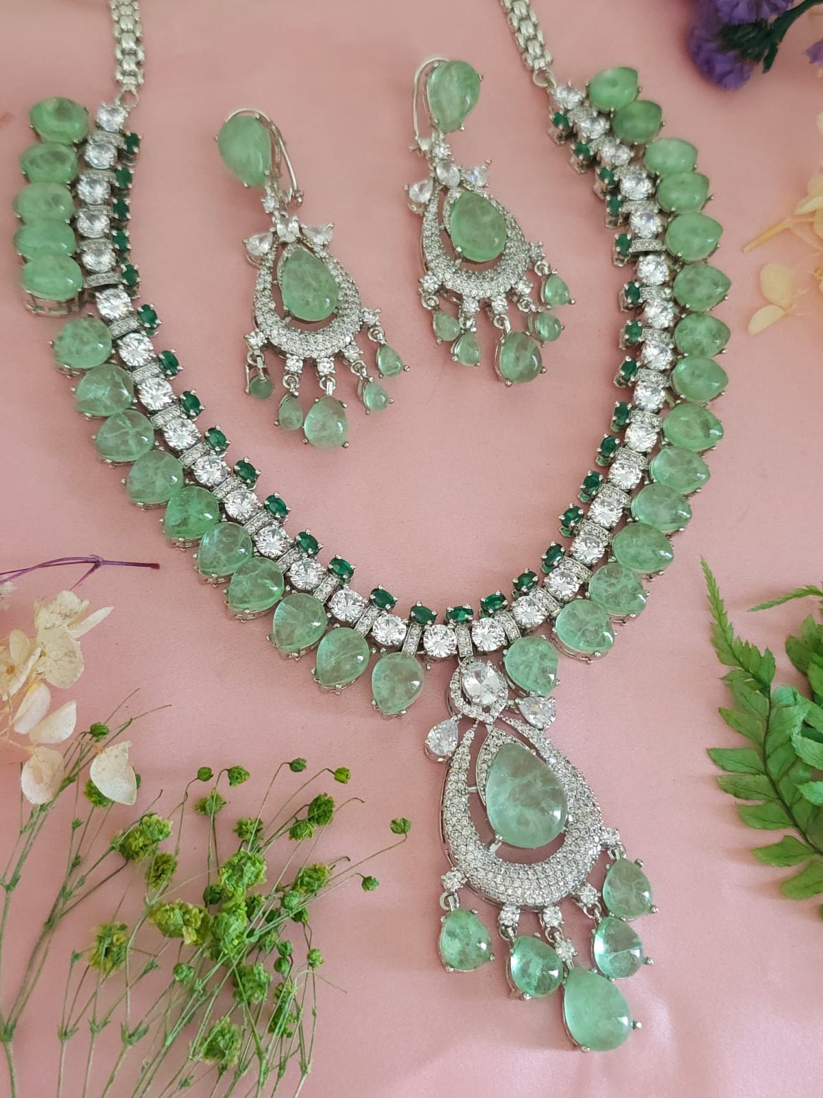 Nargis Fakhri Inspired Mint Polki Necklace Earrings Set, Nargis Fakhri Polki Necklace Set, Nargis Fakhri Jewelry Set, Bollywood Mint Jewelry Set, Celebrity Polki Necklace Set, Nargis Fakhri Designed Jewelry - Libasaa.com