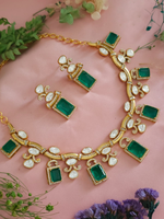Emerald Elegance Polki Stones Indian Choker Earrings Set, Indian Polki Jewelry Set, Wedding Polki Jewelry Set, Pakistani Handmade Polki Jewelry - Libasaa.com