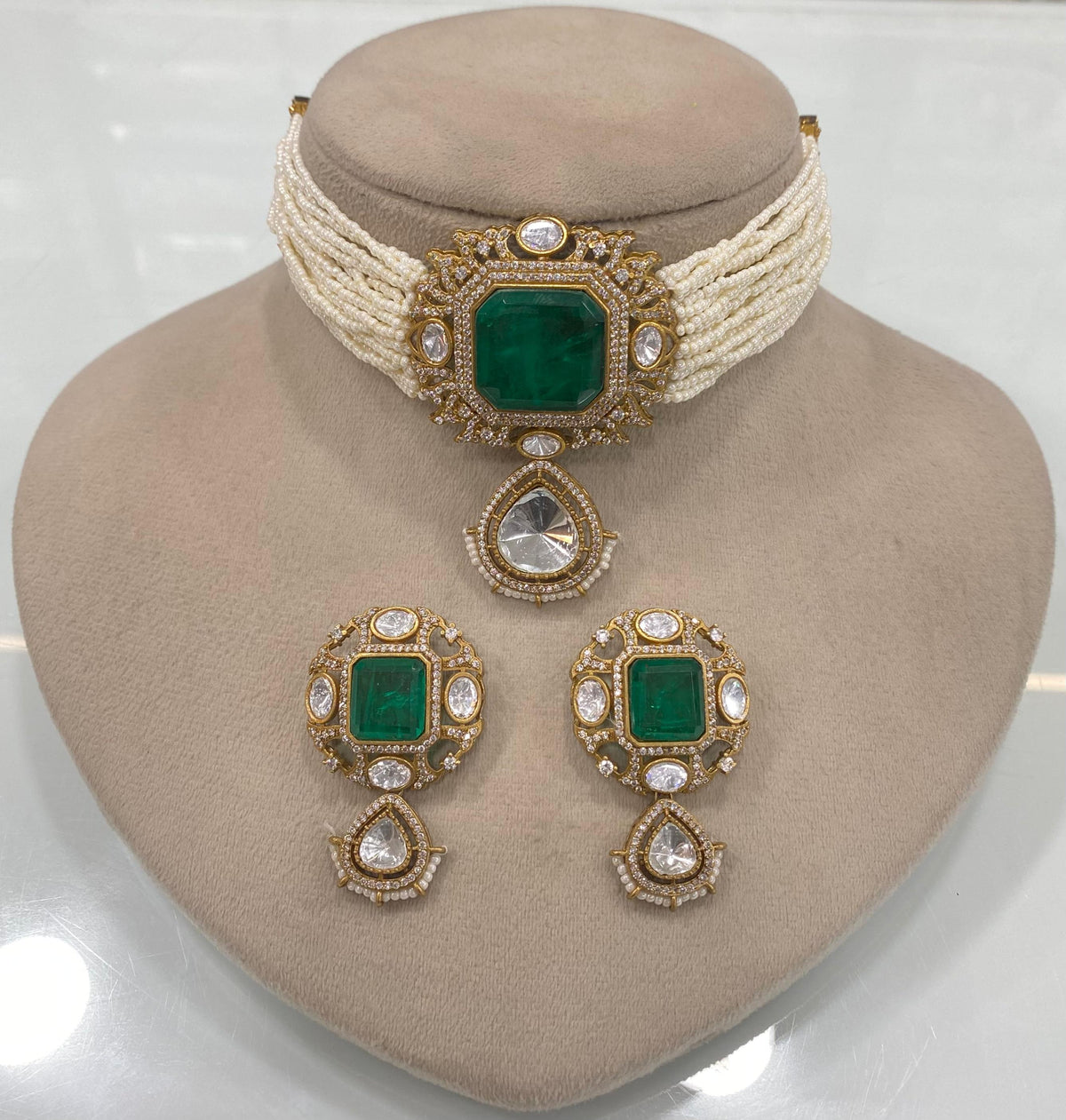 Pakistani Square Polki Choker Earrings Set, Indian Polki Choker Set, Wedding Polki Jewelry Set, Indian Jewelry Set, Bollywood Polki Choker Set, Jaipuri Jewelry Set - Libasaa.com