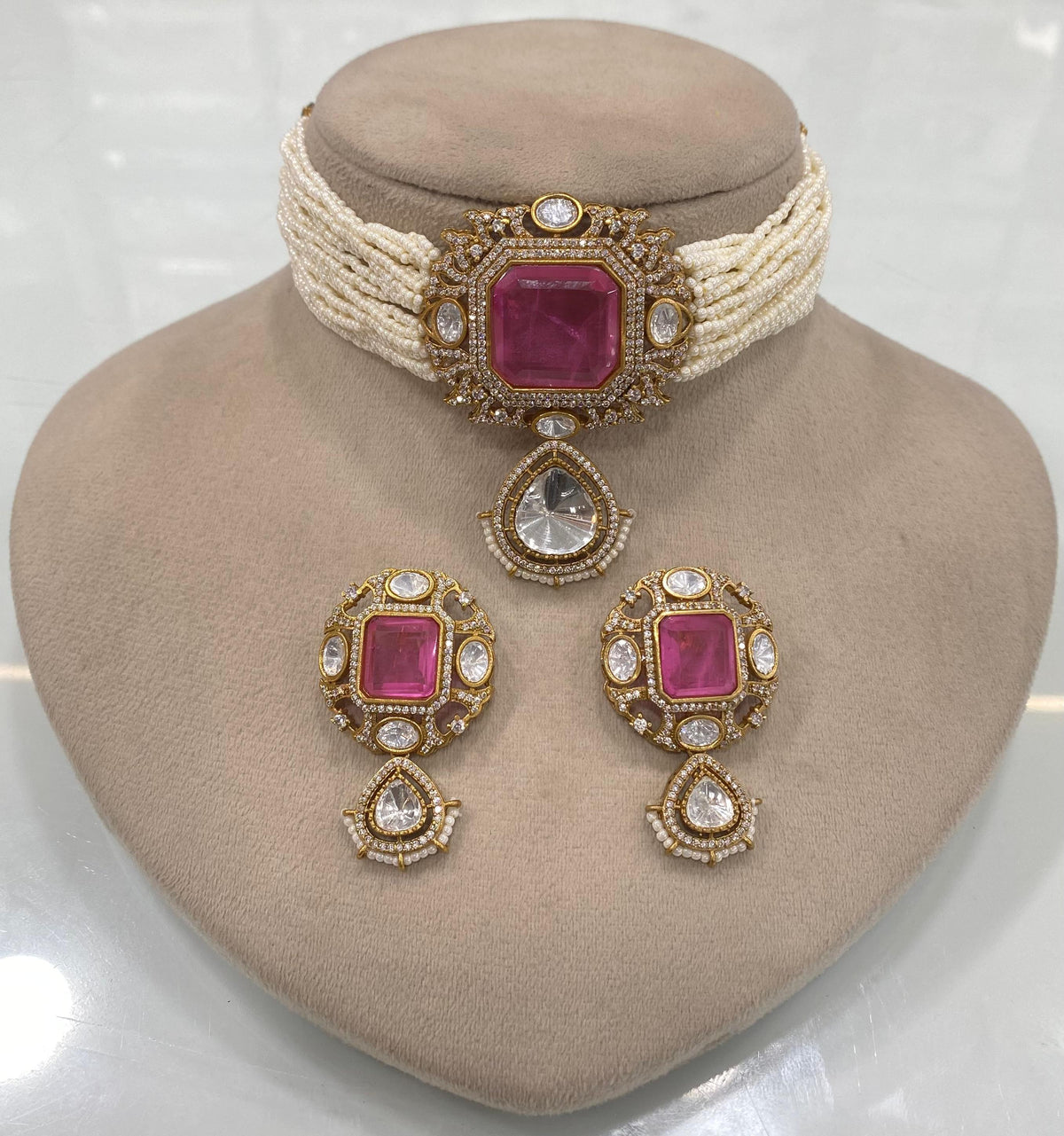 Pakistani Square Polki Choker Earrings Set, Indian Polki Choker Set, Wedding Polki Jewelry Set, Indian Jewelry Set, Bollywood Polki Choker Set, Jaipuri Jewelry Set - Libasaa.com