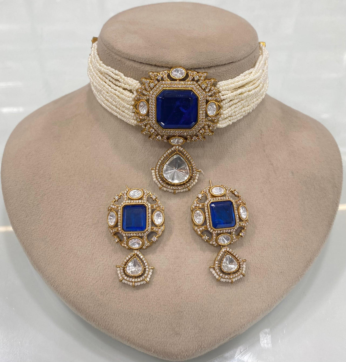 Pakistani Square Polki Choker Earrings Set, Indian Polki Choker Set, Wedding Polki Jewelry Set, Indian Jewelry Set, Bollywood Polki Choker Set, Jaipuri Jewelry Set - Libasaa.com