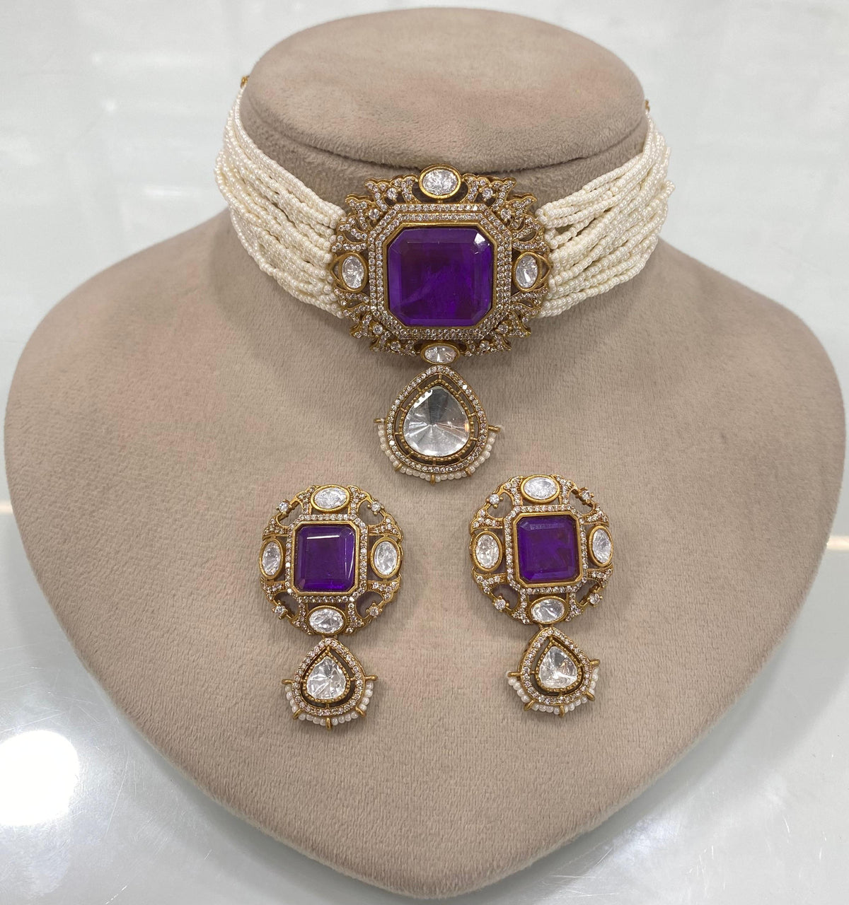 Pakistani Square Polki Choker Earrings Set, Indian Polki Choker Set, Wedding Polki Jewelry Set, Indian Jewelry Set, Bollywood Polki Choker Set, Jaipuri Jewelry Set - Libasaa.com