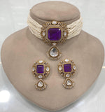 Pakistani Square Polki Choker Earrings Set, Indian Polki Choker Set, Wedding Polki Jewelry Set, Indian Jewelry Set, Bollywood Polki Choker Set, Jaipuri Jewelry Set - Libasaa.com