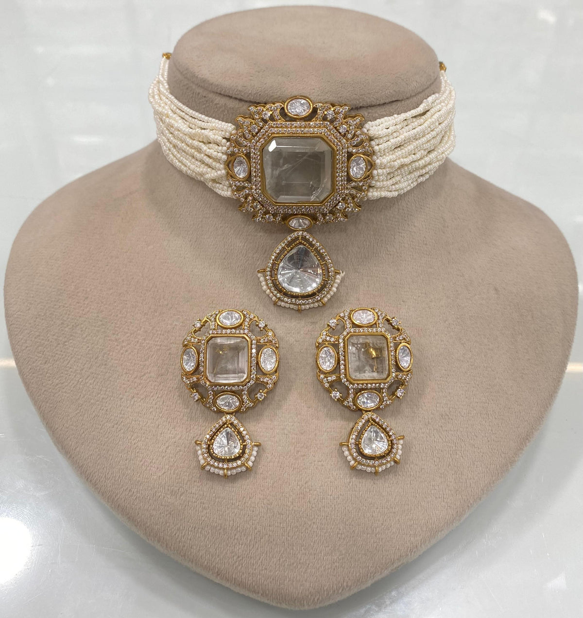 Pakistani Square Polki Choker Earrings Set, Indian Polki Choker Set, Wedding Polki Jewelry Set, Indian Jewelry Set, Bollywood Polki Choker Set, Jaipuri Jewelry Set - Libasaa.com