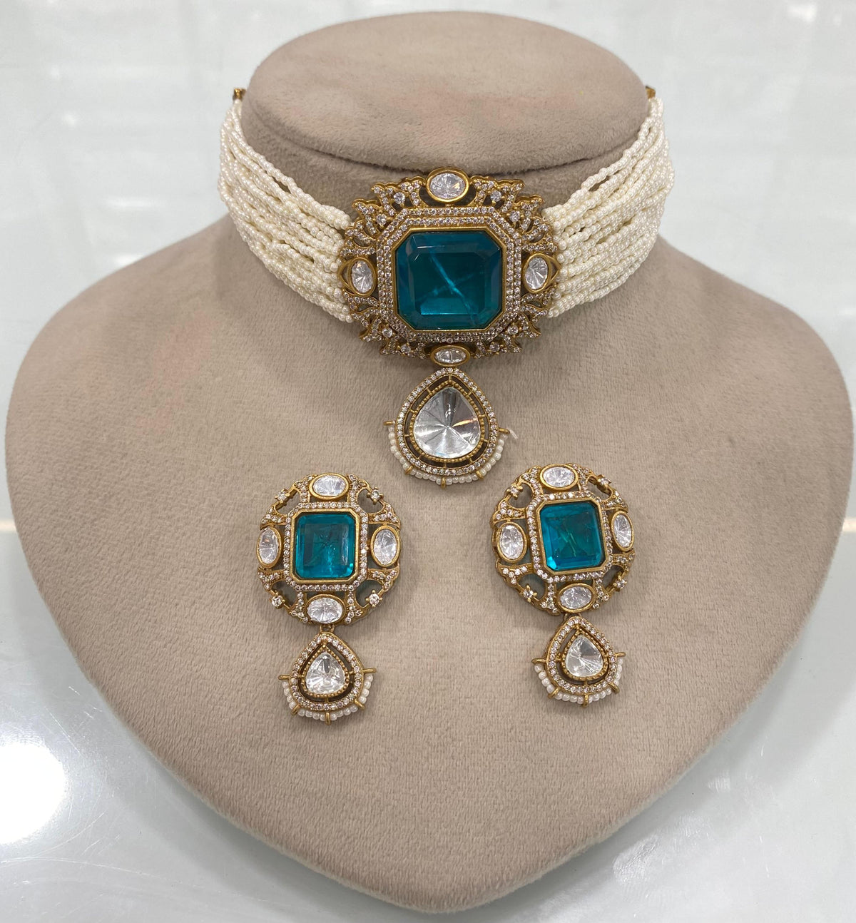 Pakistani Square Polki Choker Earrings Set, Indian Polki Choker Set, Wedding Polki Jewelry Set, Indian Jewelry Set, Bollywood Polki Choker Set, Jaipuri Jewelry Set - Libasaa.com