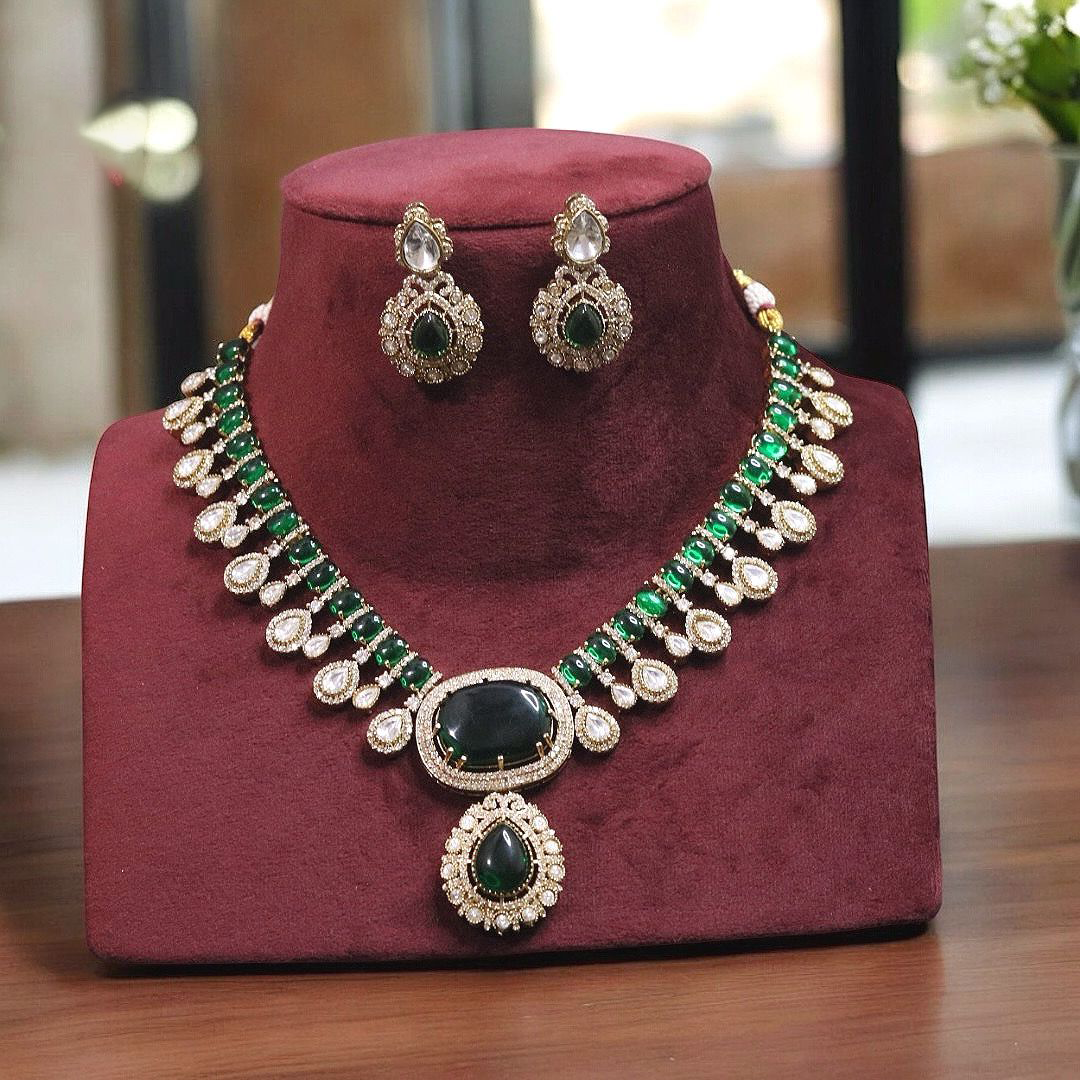 Rajsthani Teardrop Polki Necklace Earrings Set, Jaipuri Polki Indian Jewelry, Celebrity Polki Necklace Set, Traditional Polki Jewelry Set, Bollywood Polki Jewelry Set - Libasaa.com