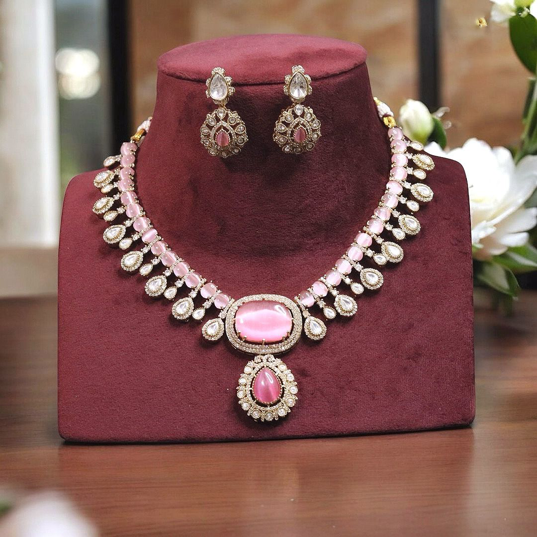 Rajsthani Teardrop Polki Necklace Earrings Set, Jaipuri Polki Indian Jewelry, Celebrity Polki Necklace Set, Traditional Polki Jewelry Set, Bollywood Polki Jewelry Set - Libasaa.com