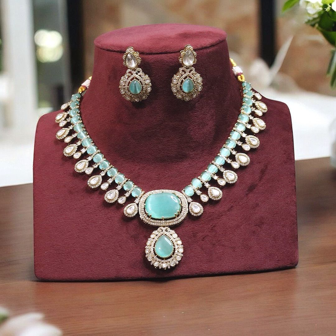 Rajsthani Teardrop Polki Necklace Earrings Set, Jaipuri Polki Indian Jewelry, Celebrity Polki Necklace Set, Traditional Polki Jewelry Set, Bollywood Polki Jewelry Set - Libasaa.com