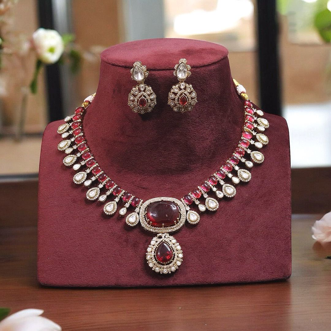 Rajsthani Teardrop Polki Necklace Earrings Set, Jaipuri Polki Indian Jewelry, Celebrity Polki Necklace Set, Traditional Polki Jewelry Set, Bollywood Polki Jewelry Set - Libasaa.com