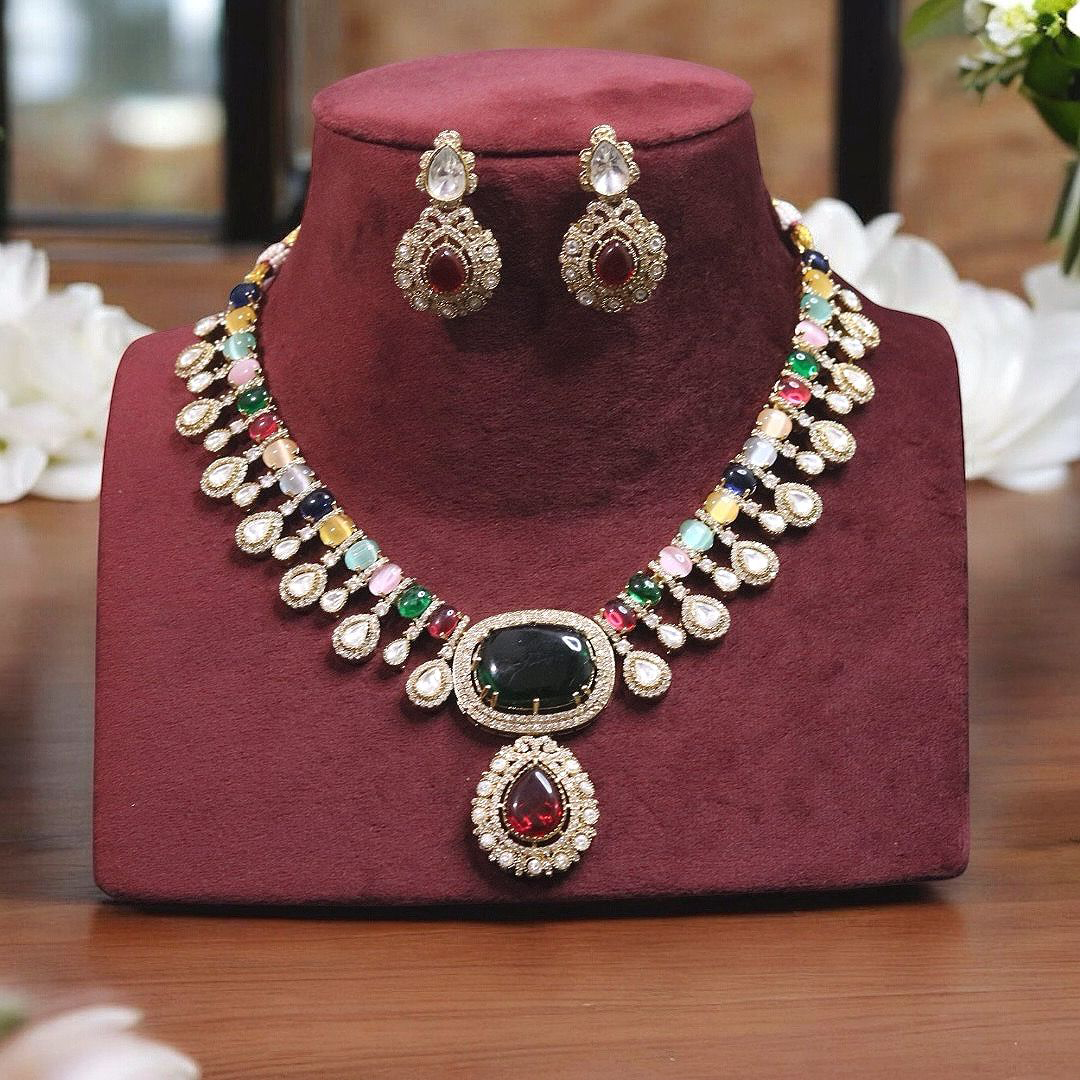 Rajsthani Teardrop Polki Necklace Earrings Set, Jaipuri Polki Indian Jewelry, Celebrity Polki Necklace Set, Traditional Polki Jewelry Set, Bollywood Polki Jewelry Set - Libasaa.com