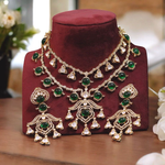 Layered Jaipuri Designed Necklace Set, Indian Ethnic Polki Necklace Set, Pakistani Statement Polki Necklace Set, Indian Polki Jewelry Set, Bollywood Polki Jewelry Set - Libasaa.com