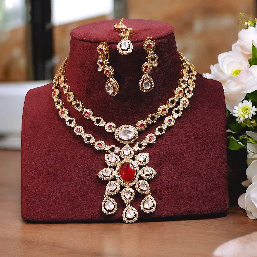 Lotus Design Double Layer Polki Necklace Earrings Set, Lotus Inspired Polki Necklace Set, Double Layer Polki Jewelry Set, Indian Lotus Jewelry Set, Bollywood Polki Layer Jewelry Set, Bridal Pakistani Jewelry Set - Libasaa.com