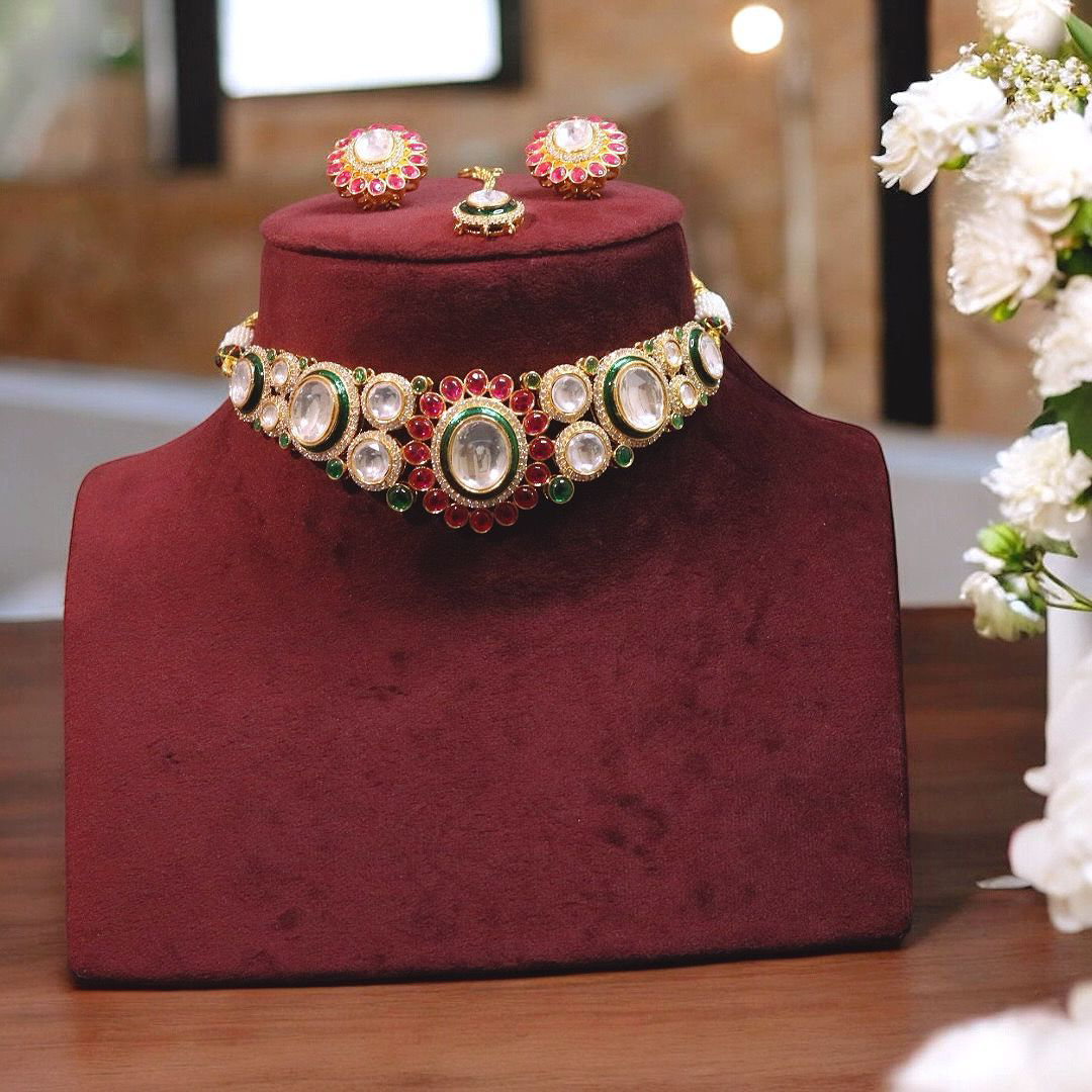 Bridal Wedding Floral Design Polki Choker Earrings Set, Wedding Floral Jewelry Set, Indian Floral Jewelry, Indian Choker Set - Libasaa.com