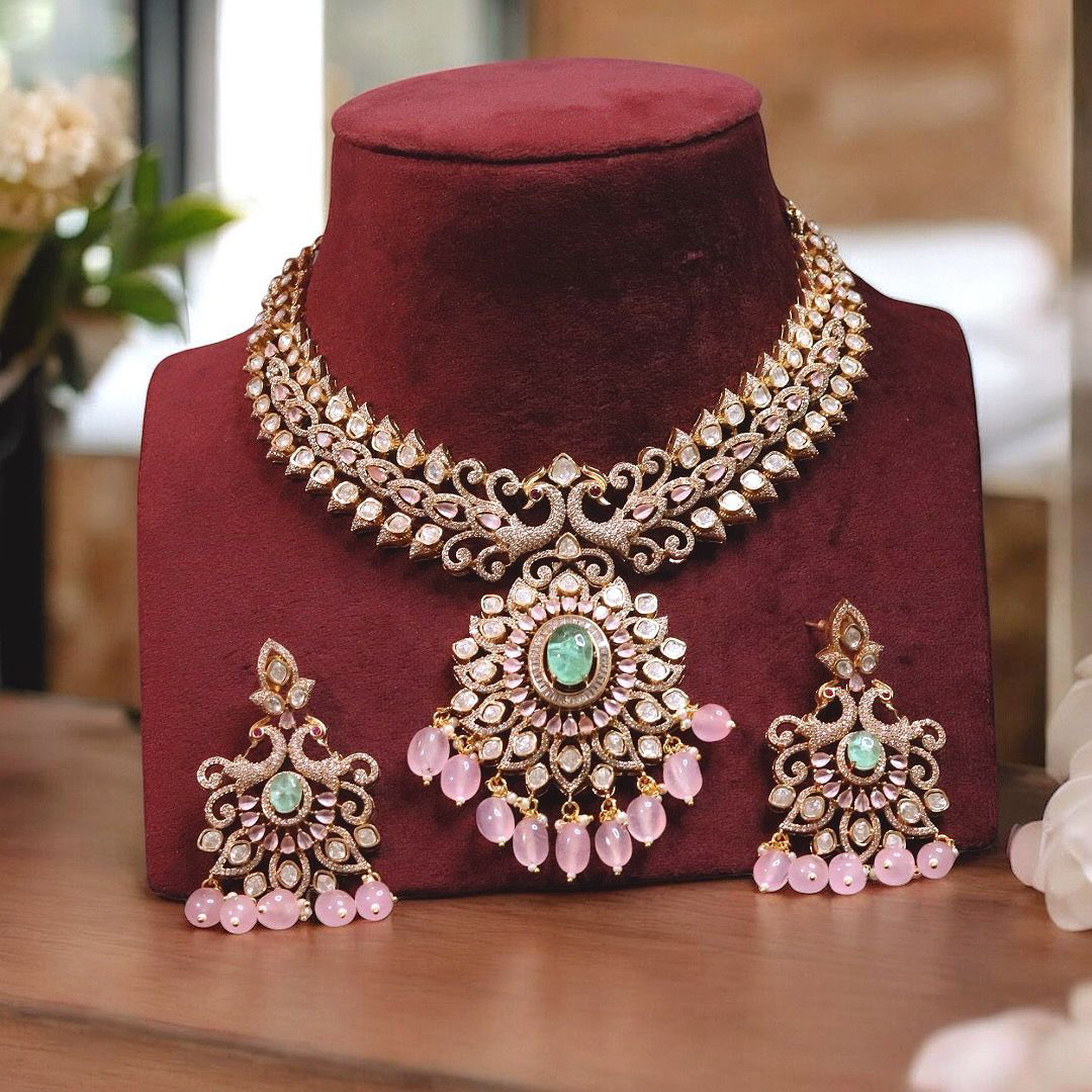 Rajsthani Peacock Design Polki Necklace Earrings Set, Indian Peacock Inspired Necklace Set, Peacock Jewelry Set, Bollywood Peacock Necklace Set, Wedding Peacock Polki Necklace Earrings Set - Libasaa.com